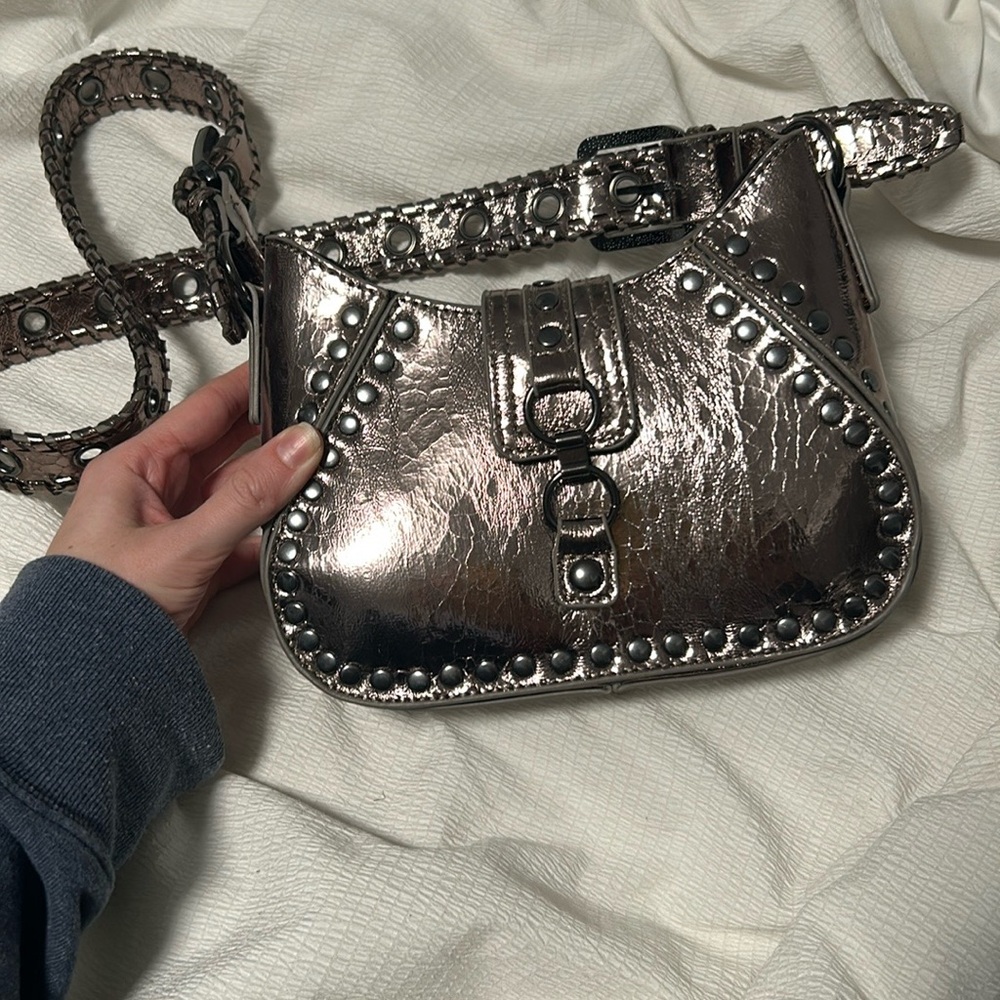 NWOT Urban Outfitters Devon Silver Crossbody Bag with Studs and Embroidery